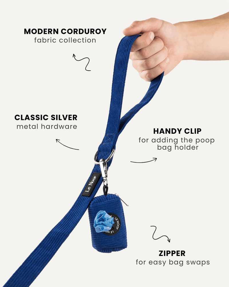 Blue corduroy dog leash with poop bag holder, Le Noof