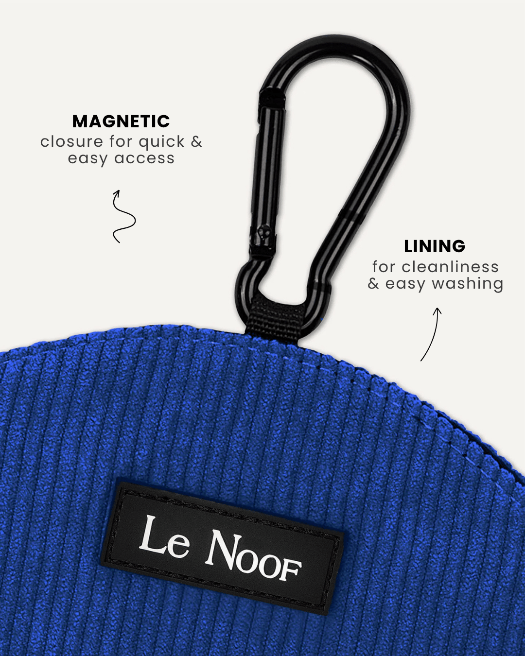 Blue corduroy dog treat pouch close-up, Le Noof
