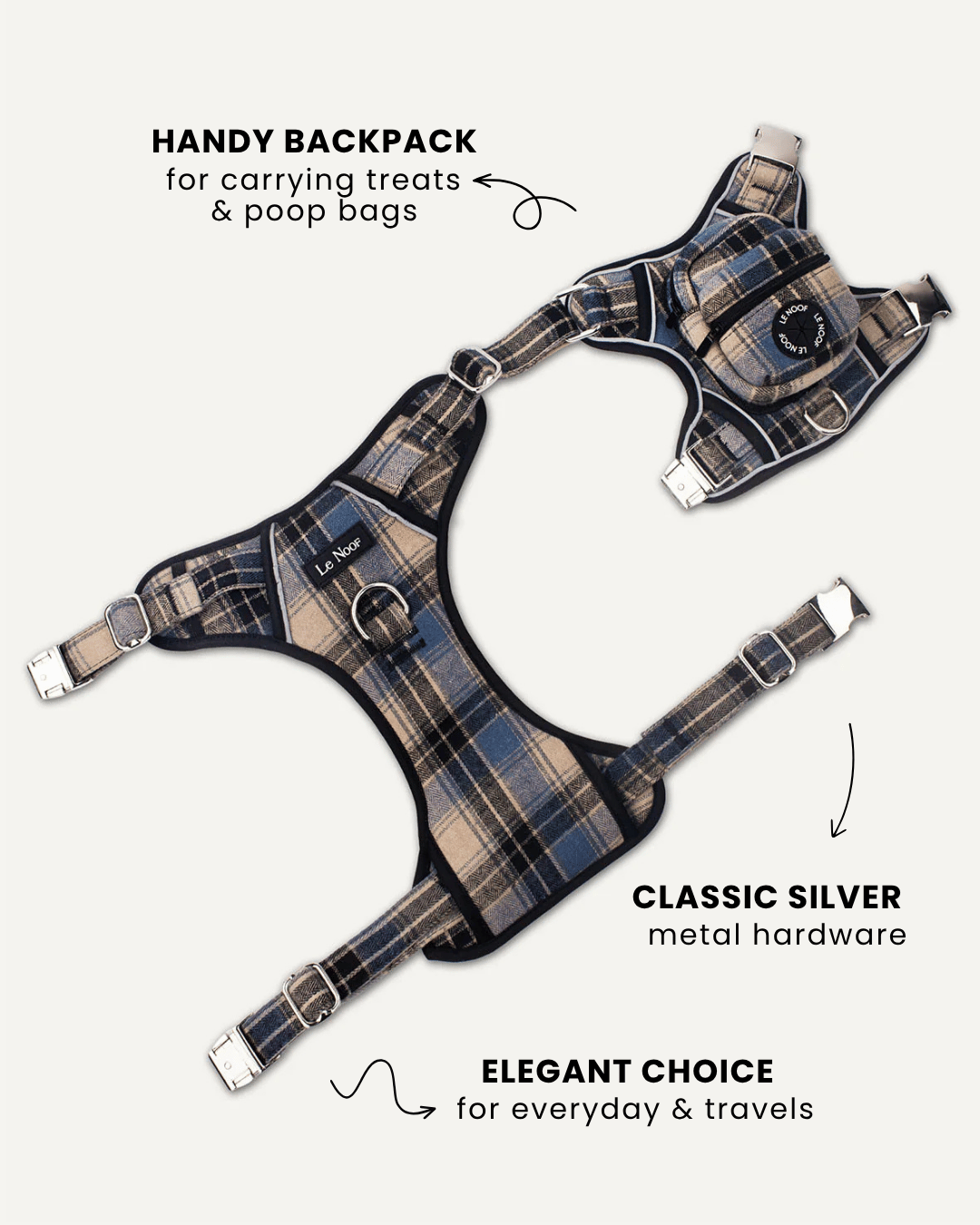 Blue plaid no-pull backpack dog harness, Le Noof