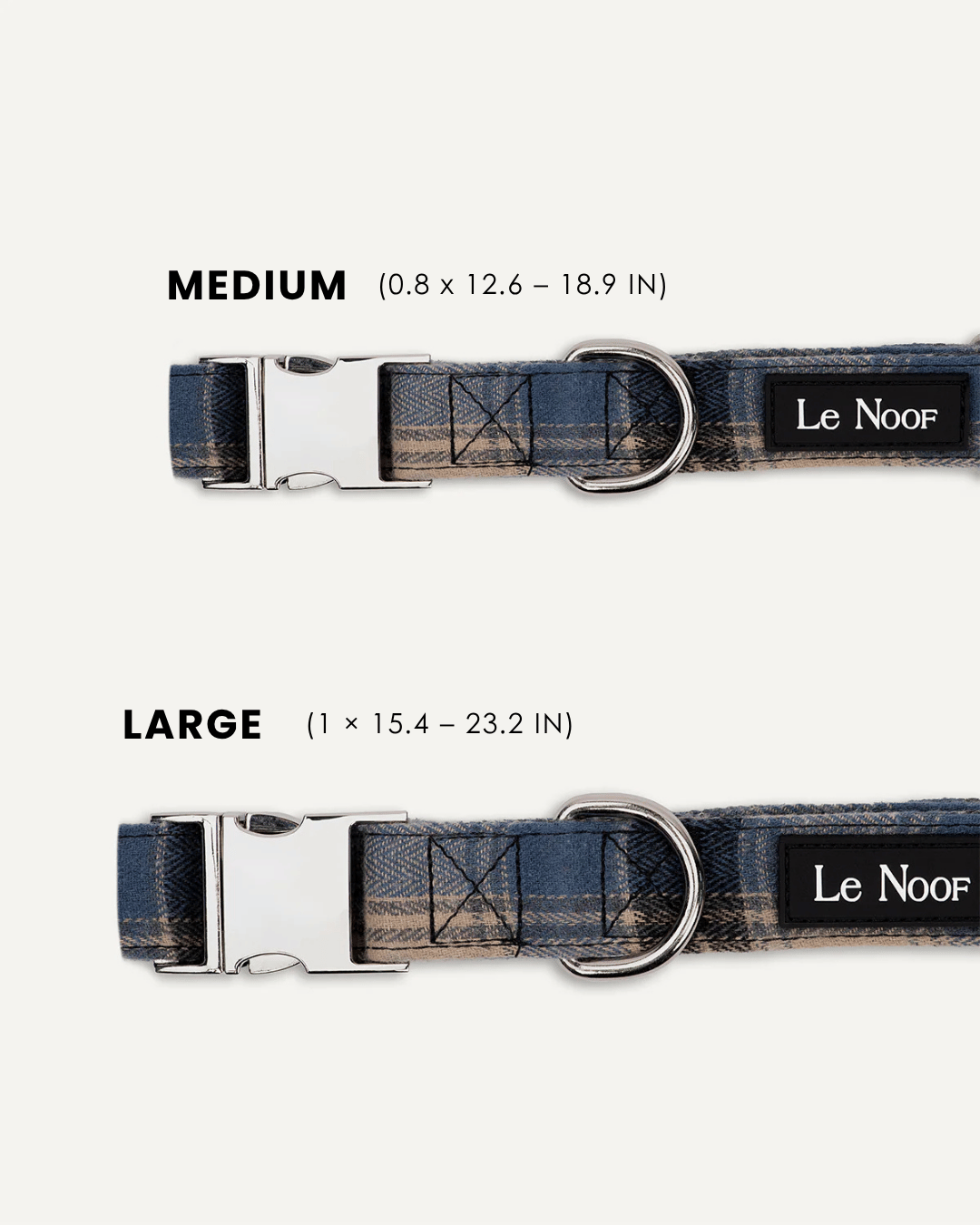 Blue plaid dog collar size comparison, Le Noof