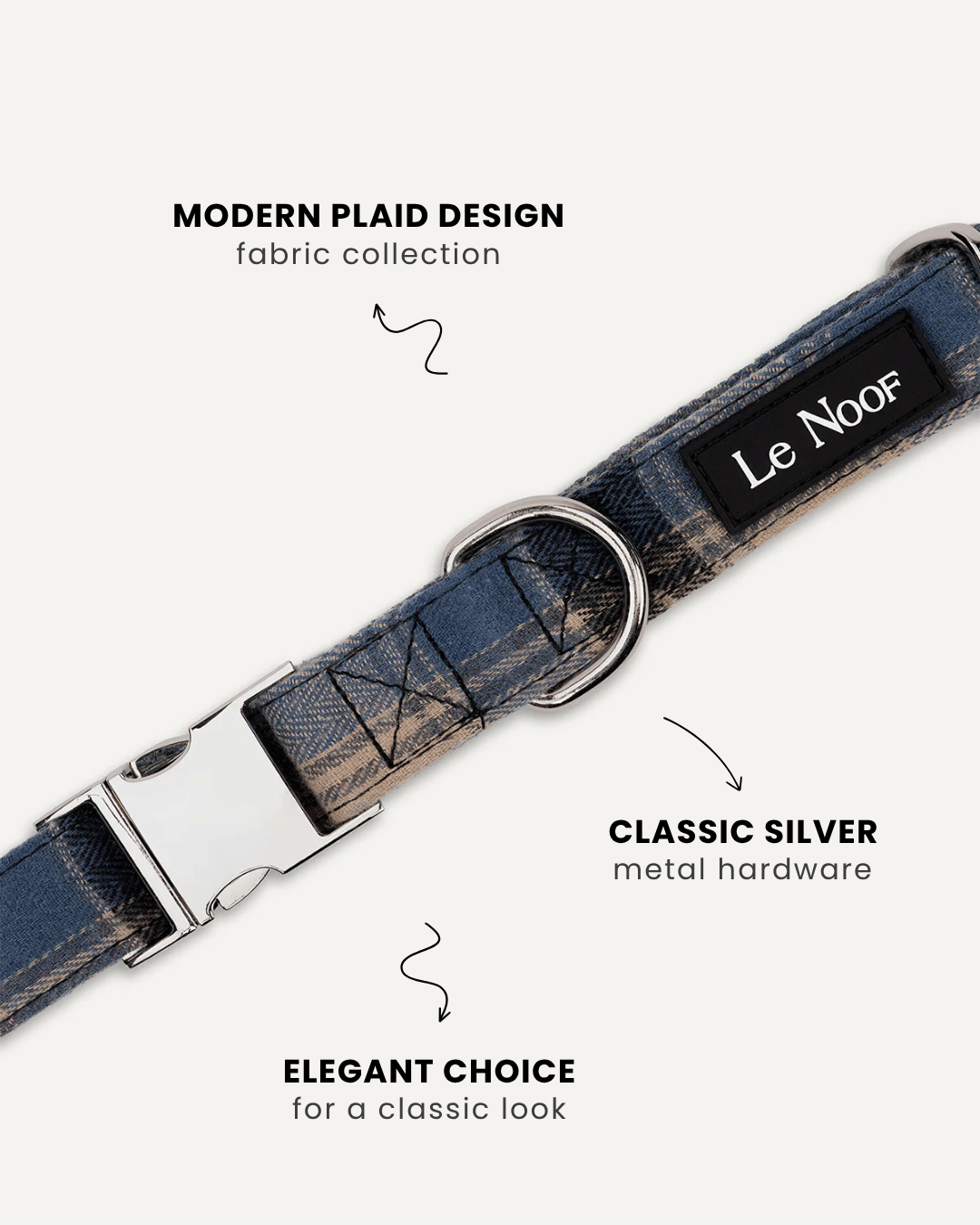 Blue plaid dog collar close-up, Le Noof
