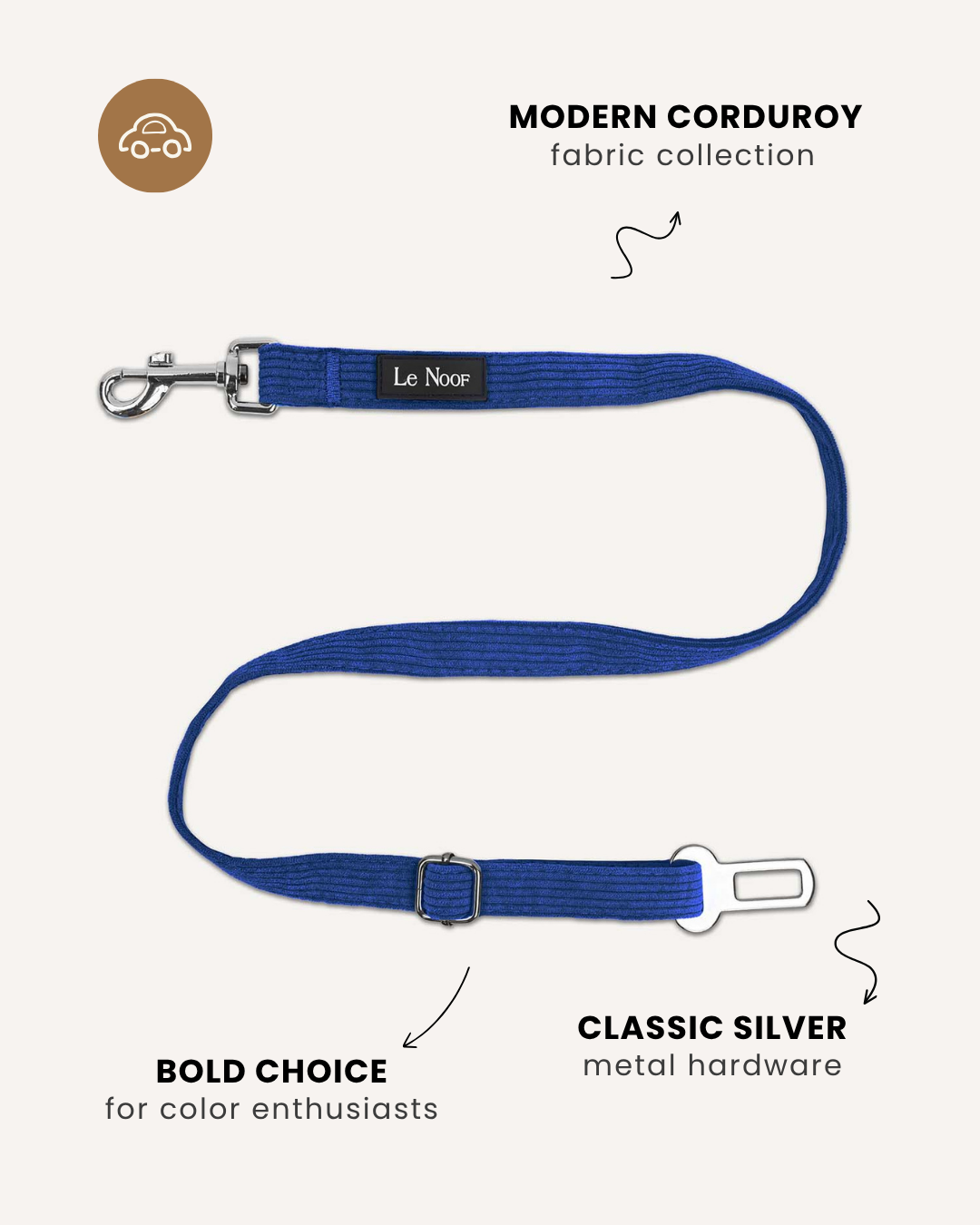 Blue corduroy dog seatbelt, Le Noof