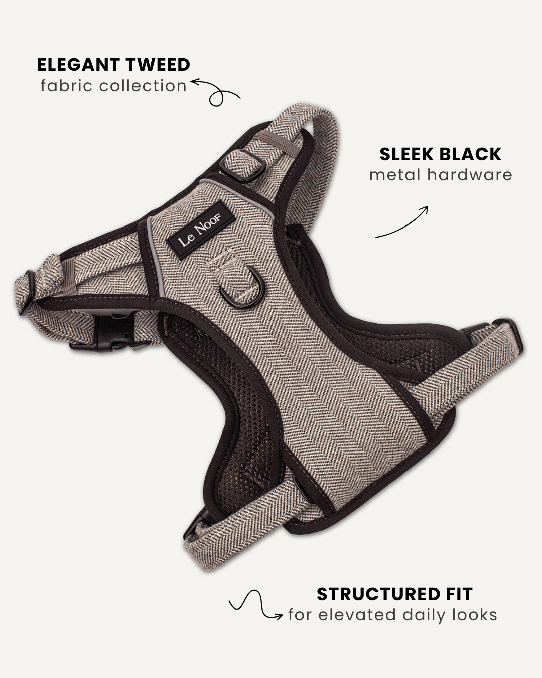 Brown herringbone tough no-pull dog harness, Le Noof