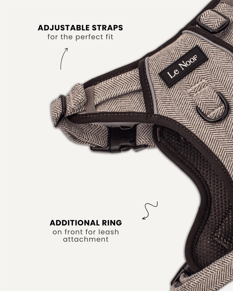 Brown herringbone tough no-pull dog harness, Le Noof