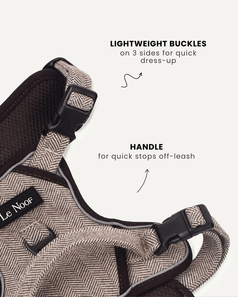Brown herringbone design tough no-pull dog harness, Le Noof