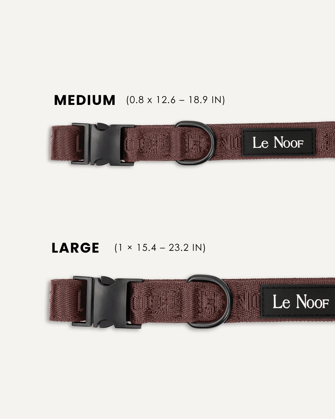 Brown jacquard dog collar size comparison, Le Noof