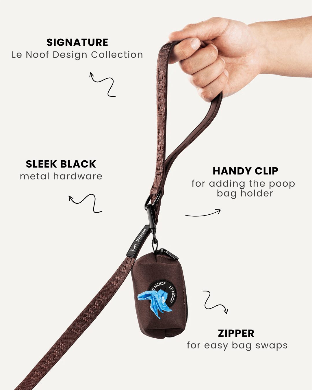 Brown jacquard dog leash with poop bag holder, Le Noof