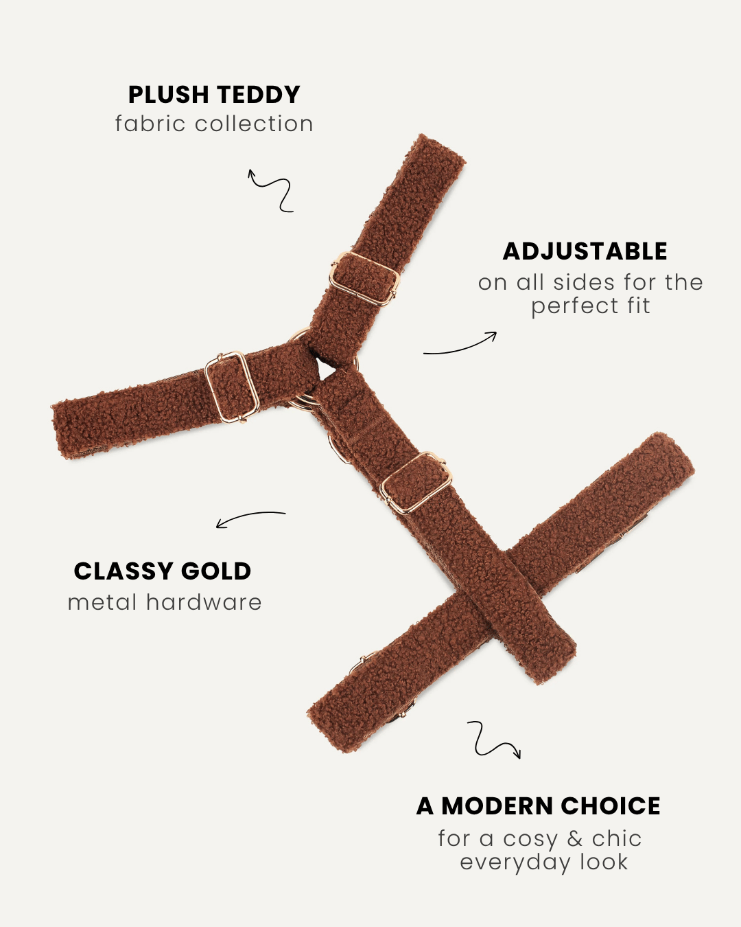 Brown teddy step-in dog harness close-up, Le Noof