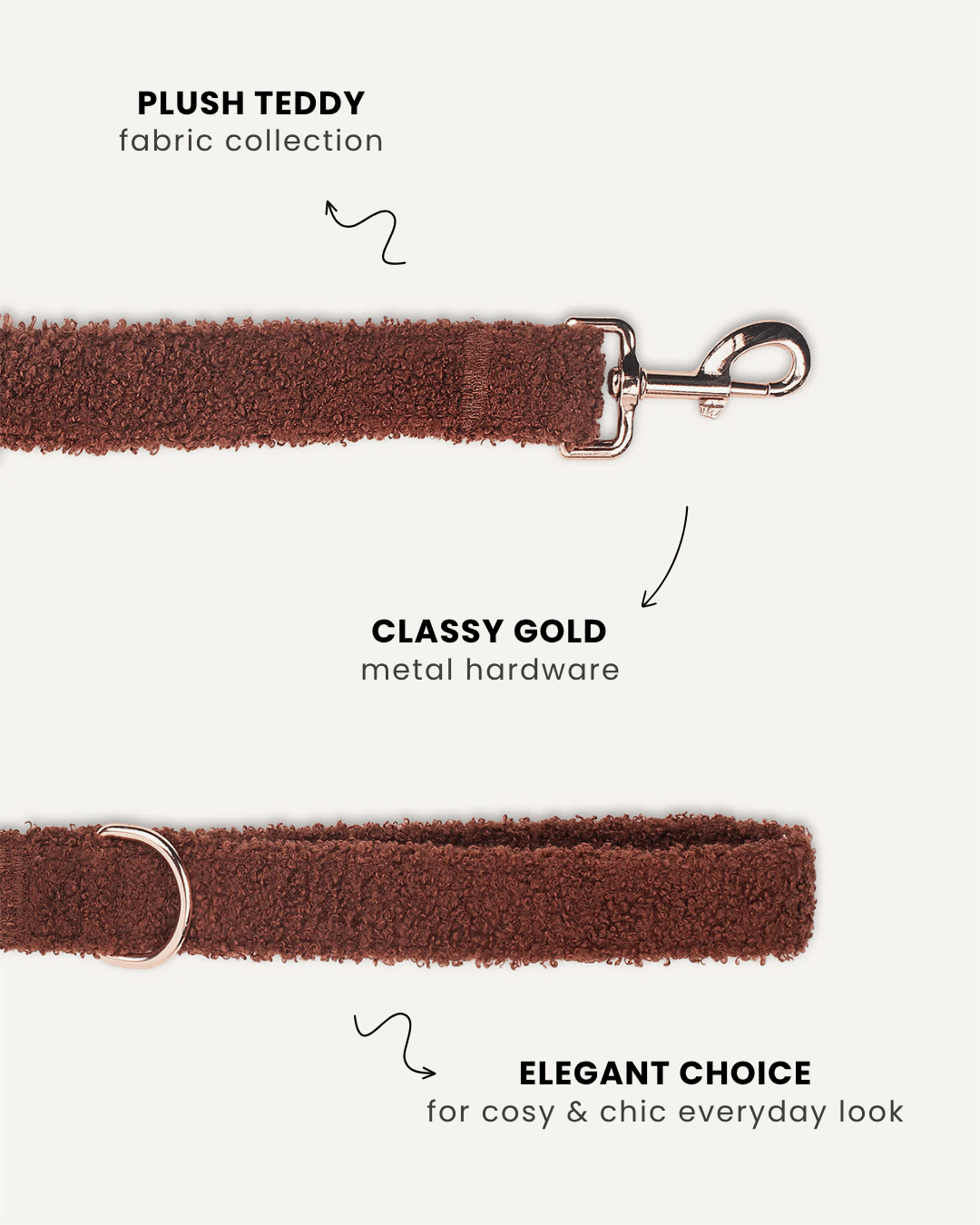 Brown teddy dog leash with poop bag holder, Le Noof