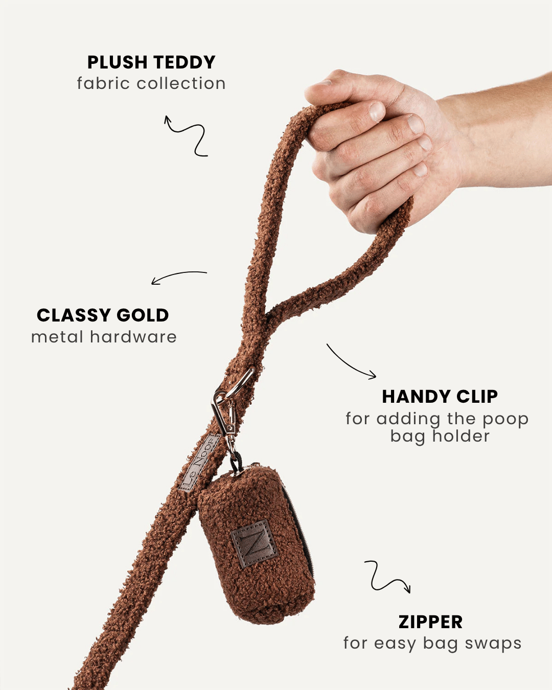 Brown teddy dog leash with poop bag holder, Le Noof