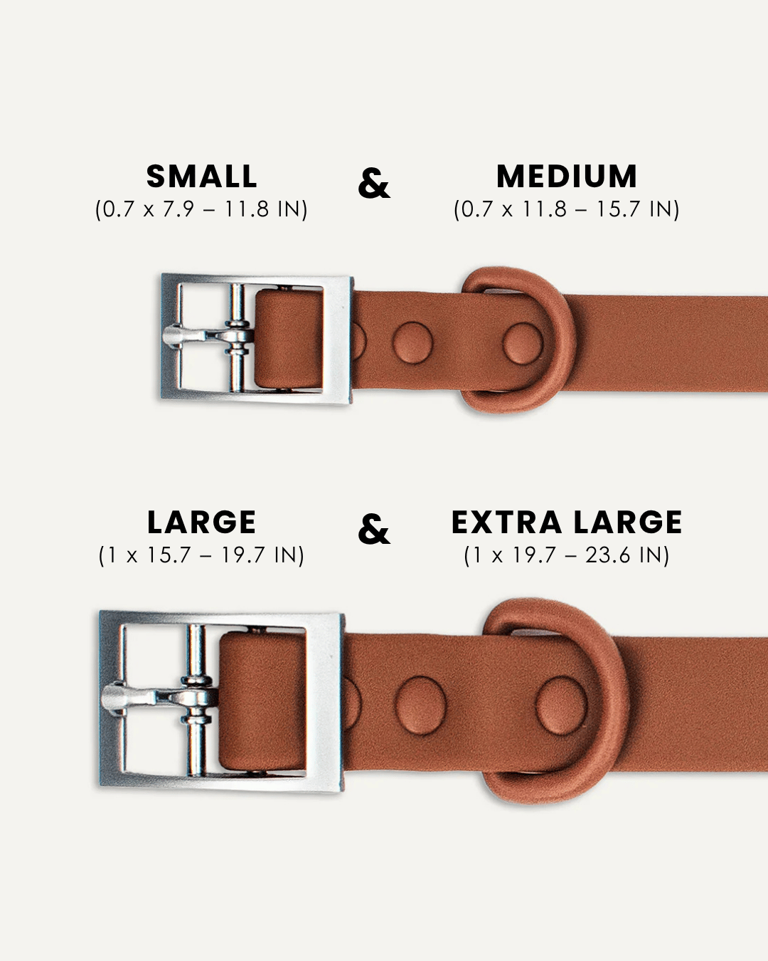 Brown waterproof dog collar size comparison, Le Noof