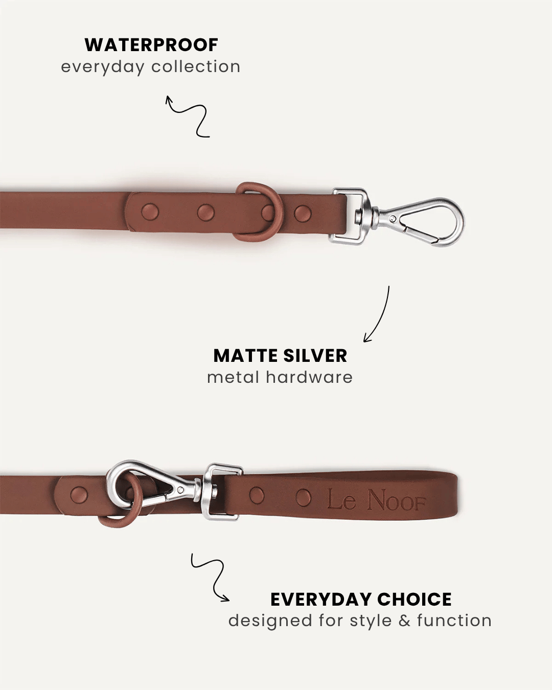 Brown waterproof dog leash close-up, Le Noof