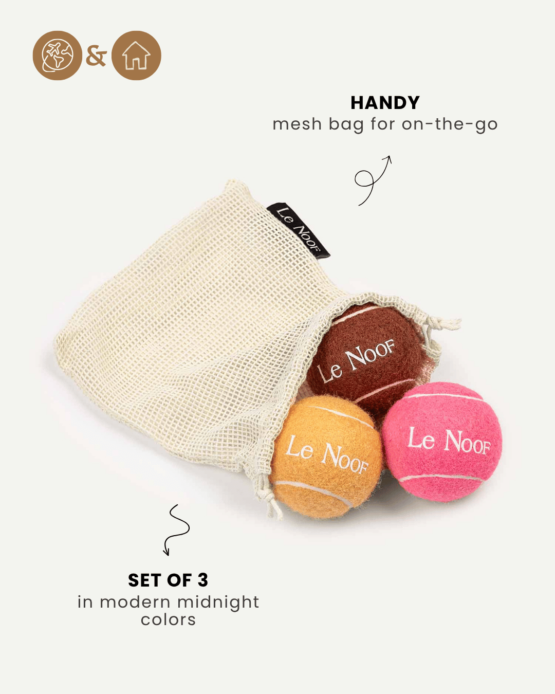 Sunrise set dog tennis balls in bag, Le Noof