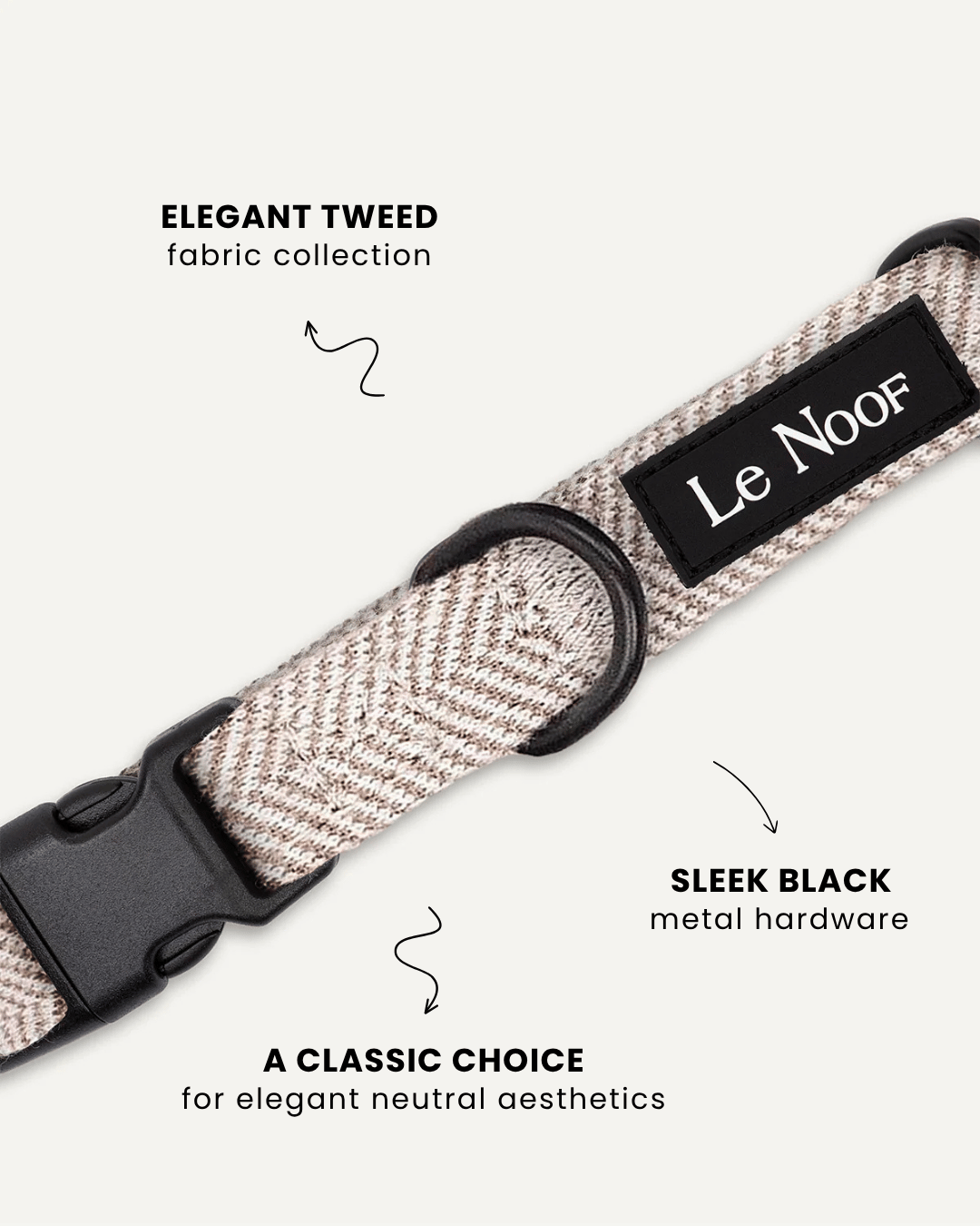 Beige herringbone dog collar close-up, Le Noof