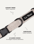 Beige herringbone dog collar close-up, Le Noof