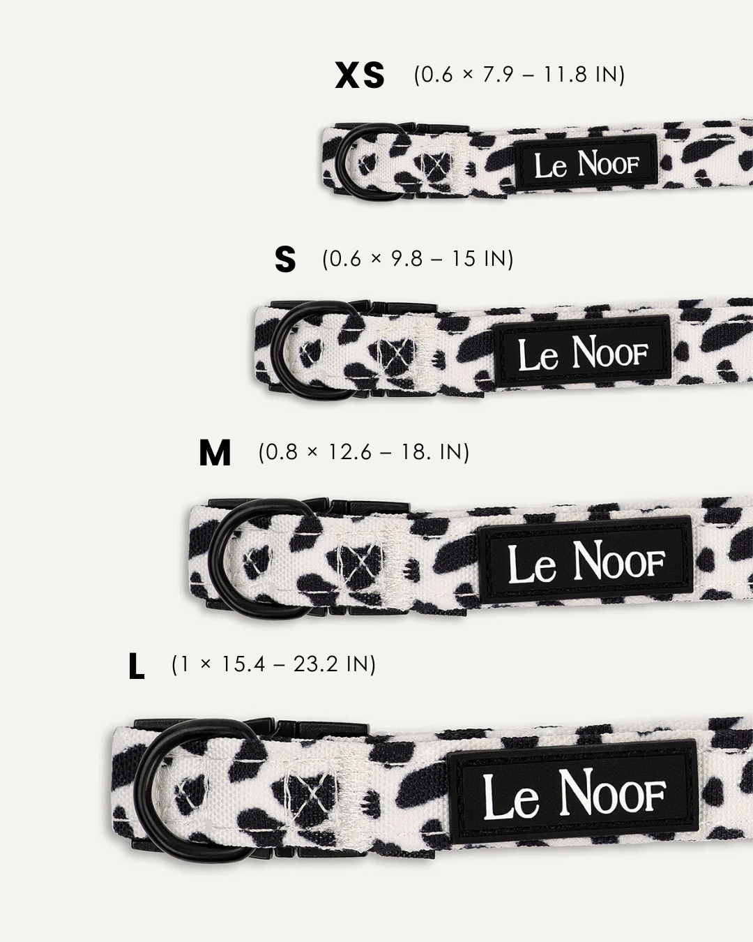 Cow print dog collar size comparison, Le Noof