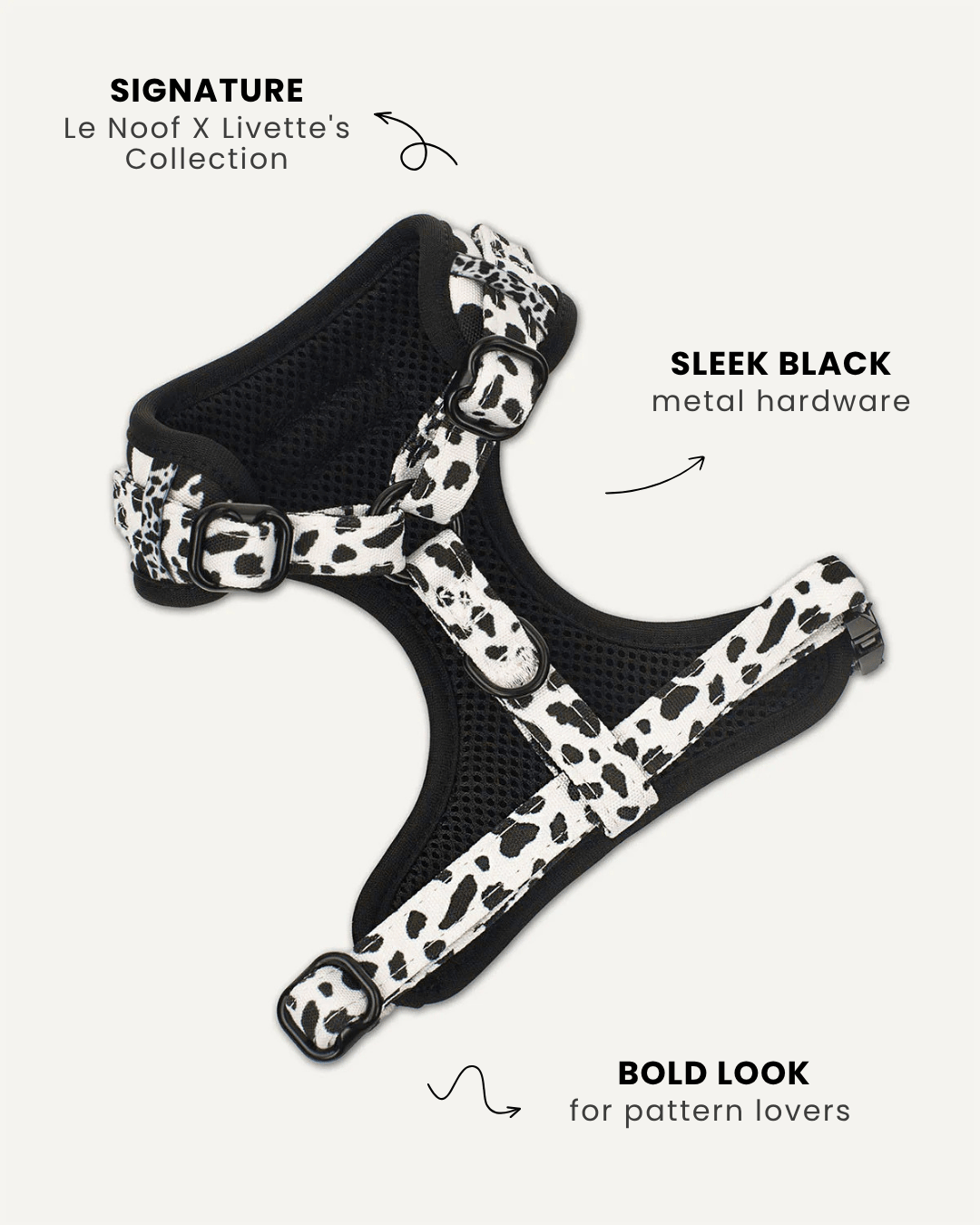 Cow print dog harness back view, Le Noof