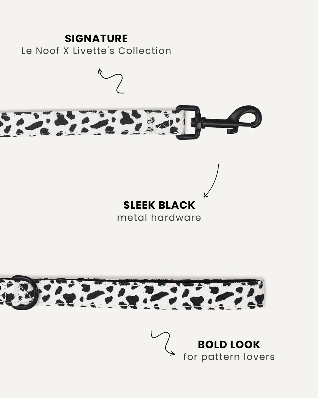 Cow print dog leash close-up, Le Noof