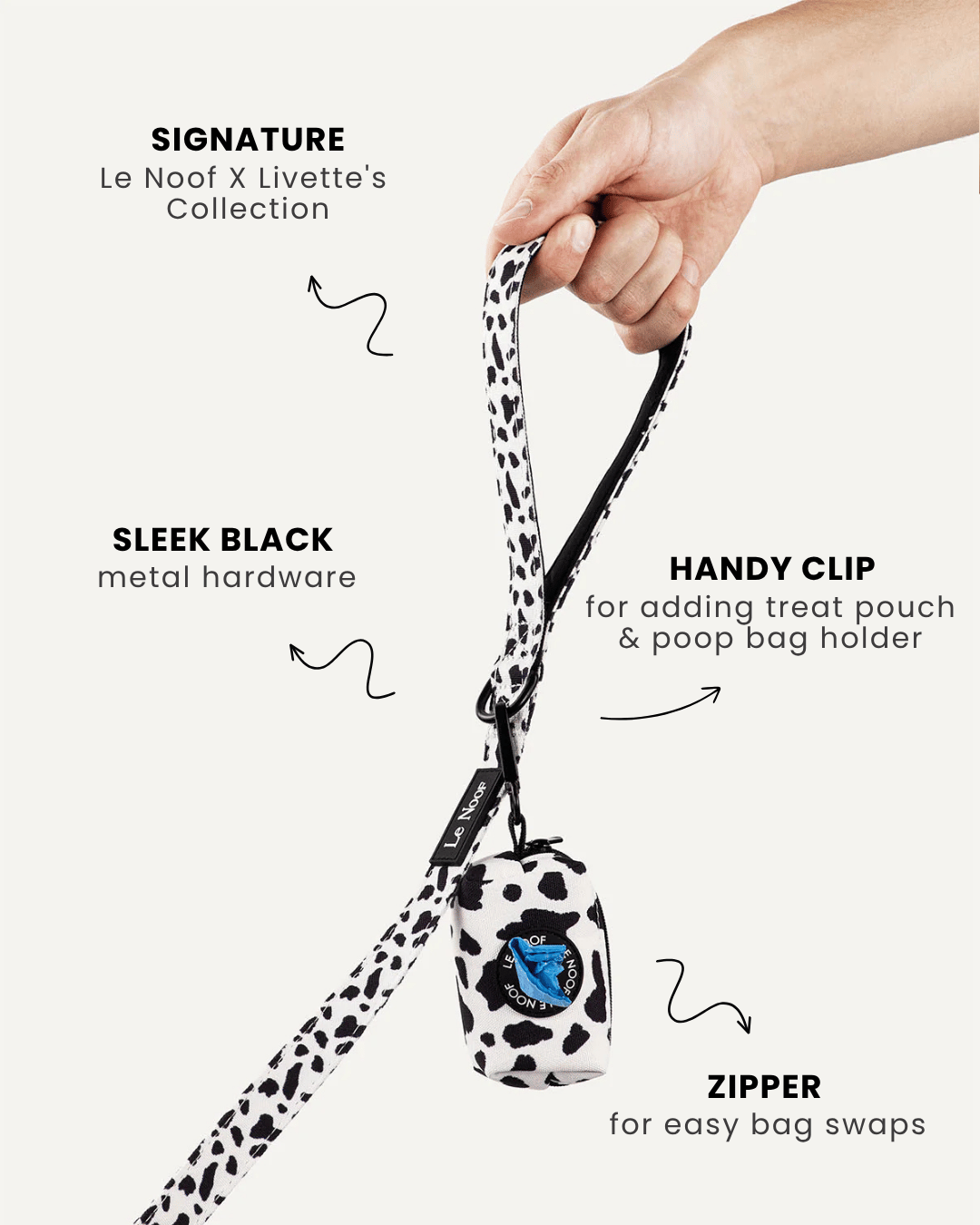 Cow print dog leash with poop bag holder, Le Noof