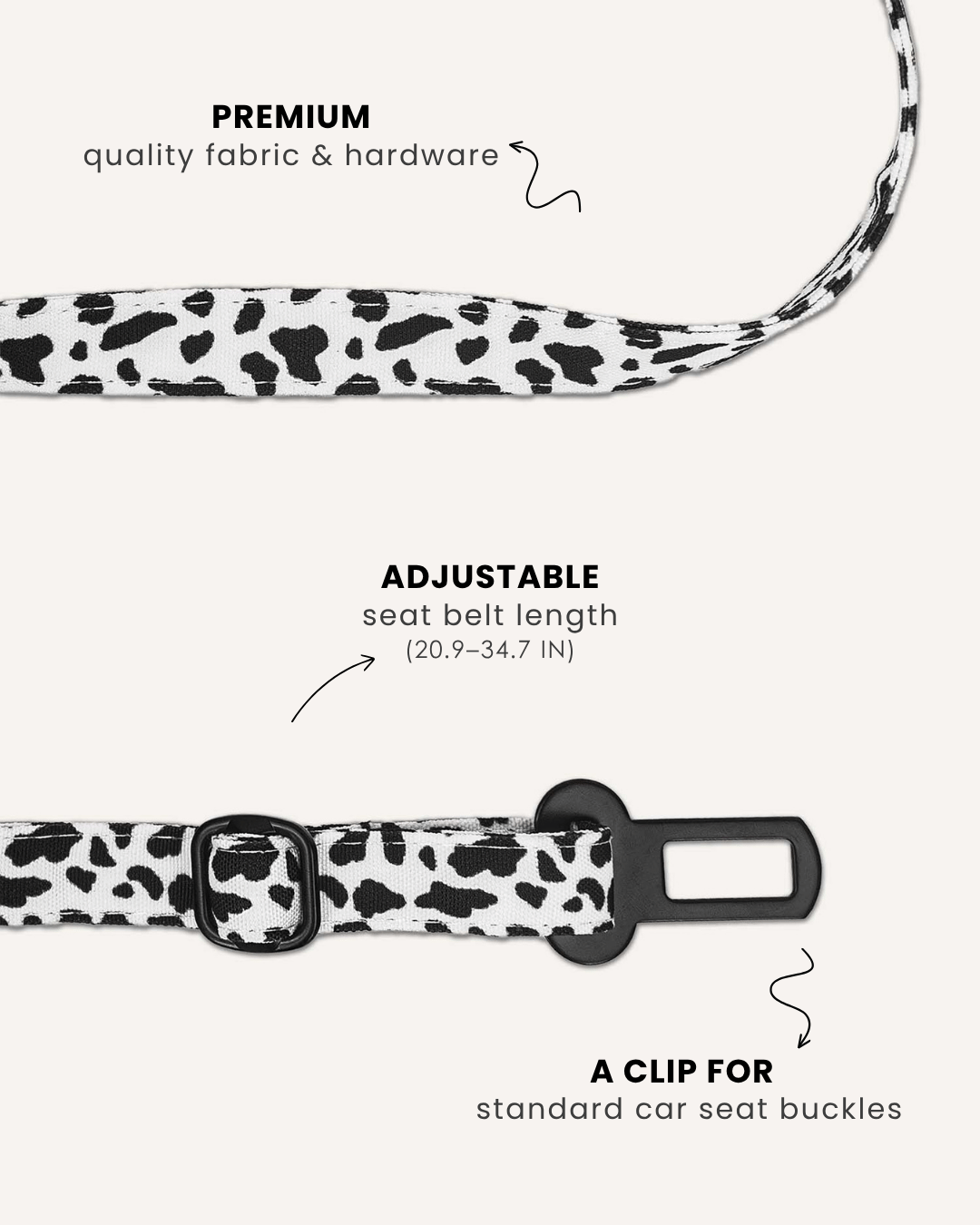 Cow print dog seatbelt, Le Noof
