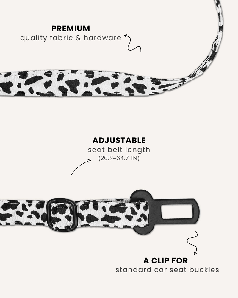 Cow print dog seatbelt, Le Noof