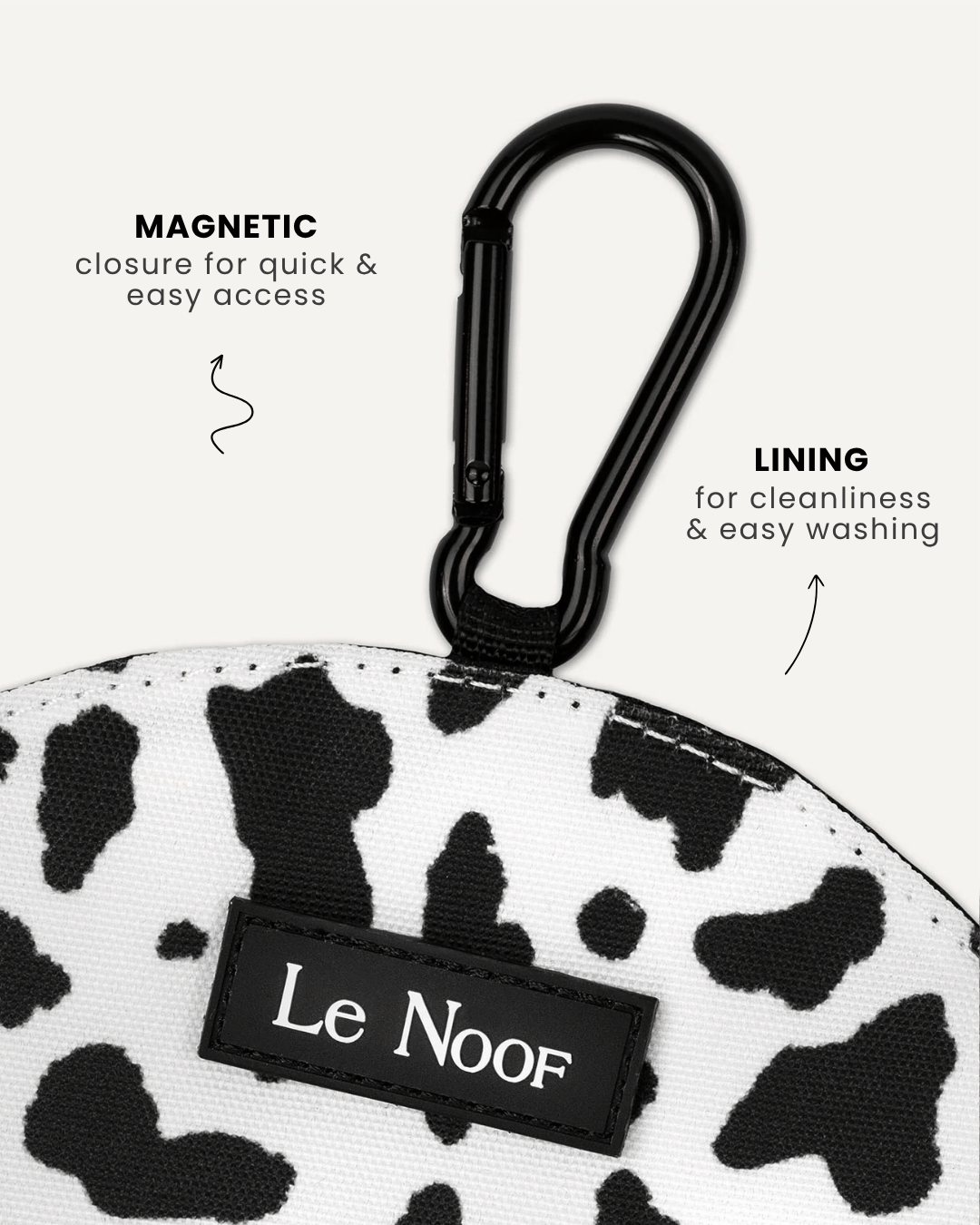 Cow print dog treat pouch close-up, Le Noof