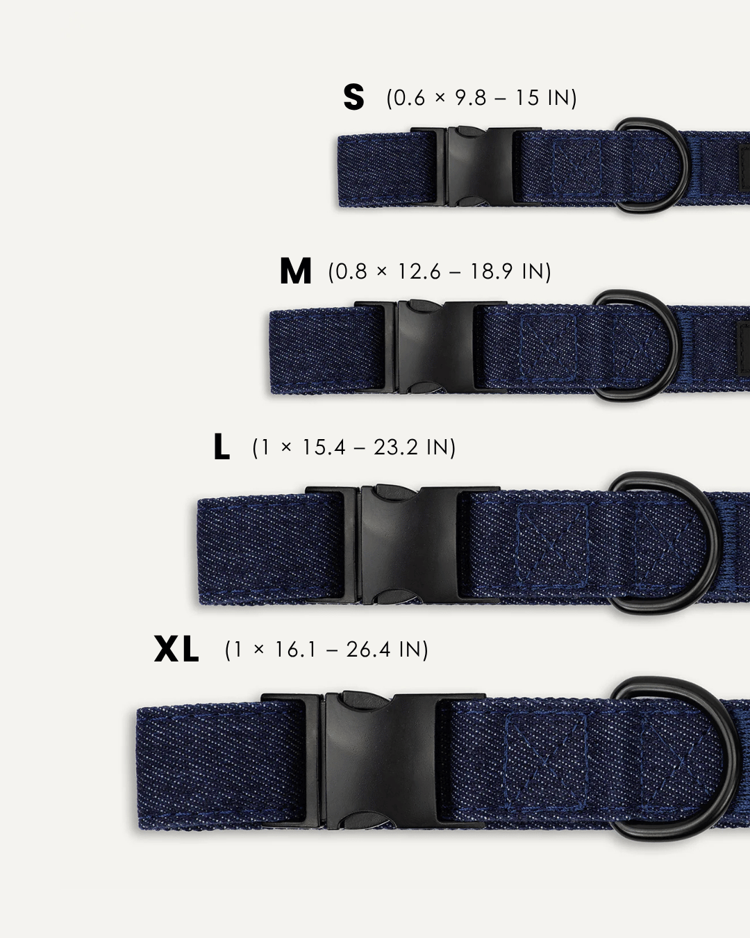 Dark blue denim dog collar size comparison, Le Noof