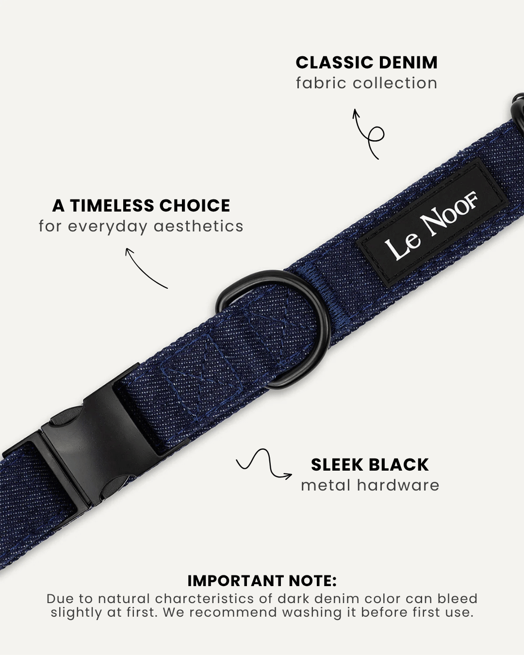 Dark blue denim dog collar close-up, Le Noof