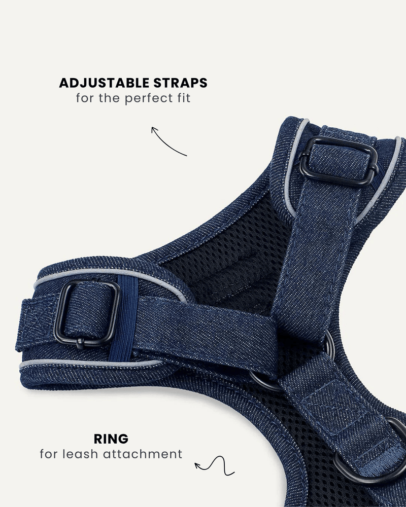 Dark blue denim no-pull dog harness, Le Noof