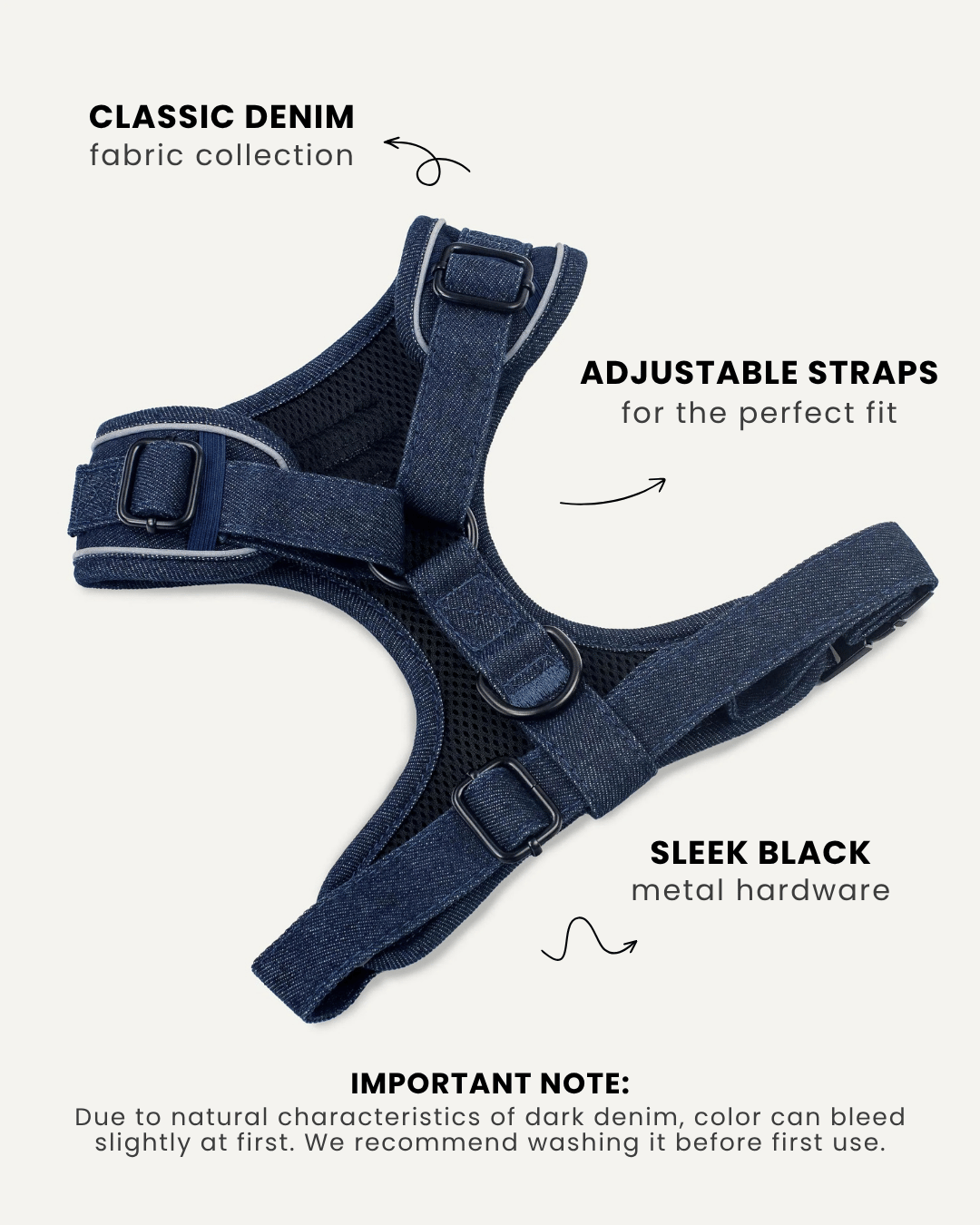 Dark blue denim no-pull dog harness, Le Noof