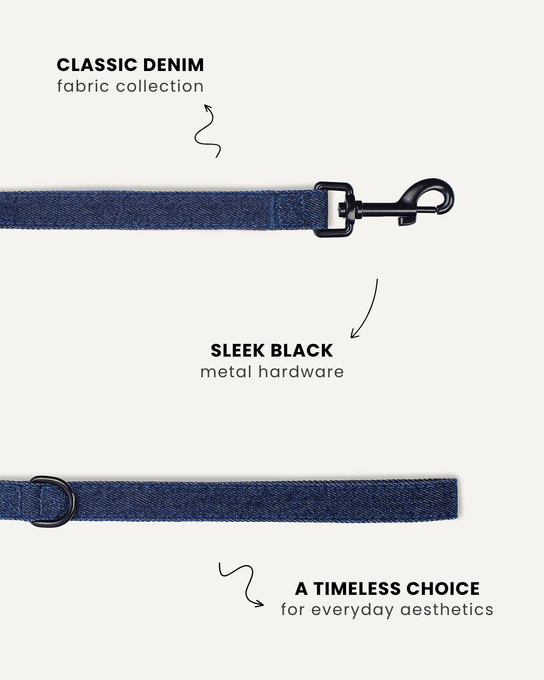 Dark blue denim dog leash close-up, Le Noof