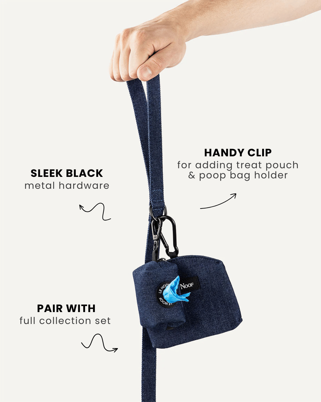 Dark blue denim dog leash with treat pouch and poop bag holder, Le Noof