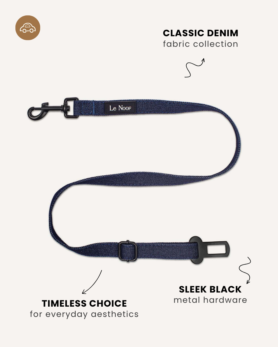 Dark blue denim dog seatbelt, Le Noof