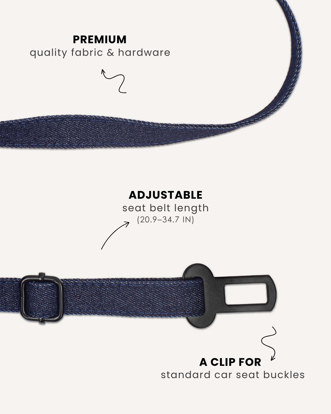 Dark blue denim dog seatbelt, Le Noof