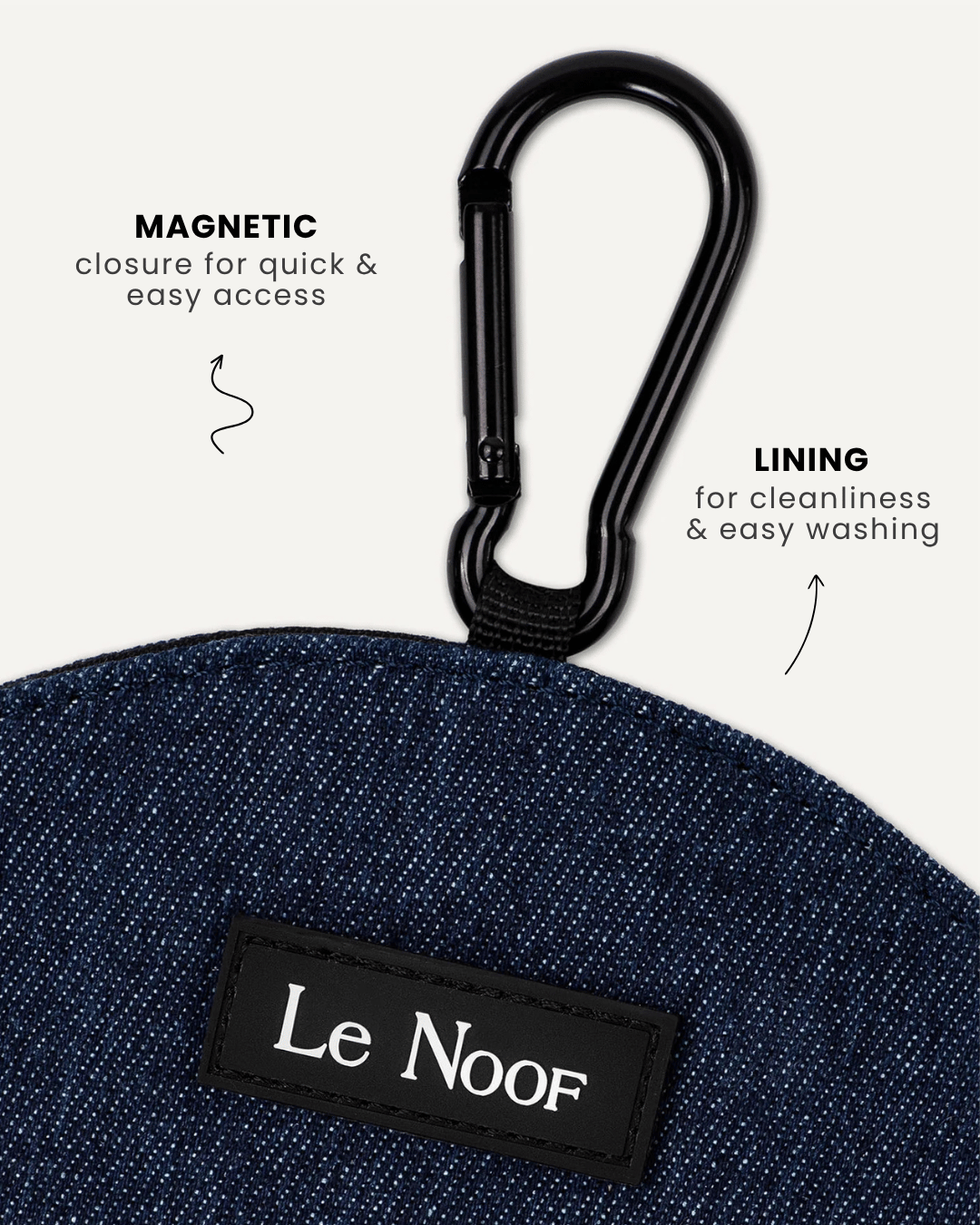 Dark blue denim dog treat pouch close-up, Le Noof