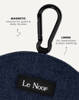 Dark blue denim dog treat pouch close-up, Le Noof