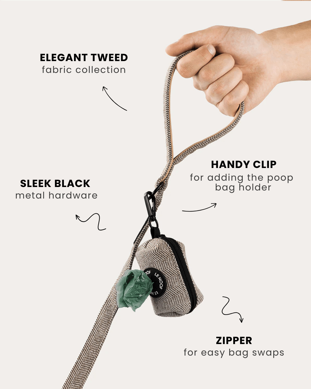 Brown herringbone dog leash with poop bag holder, Le Noof