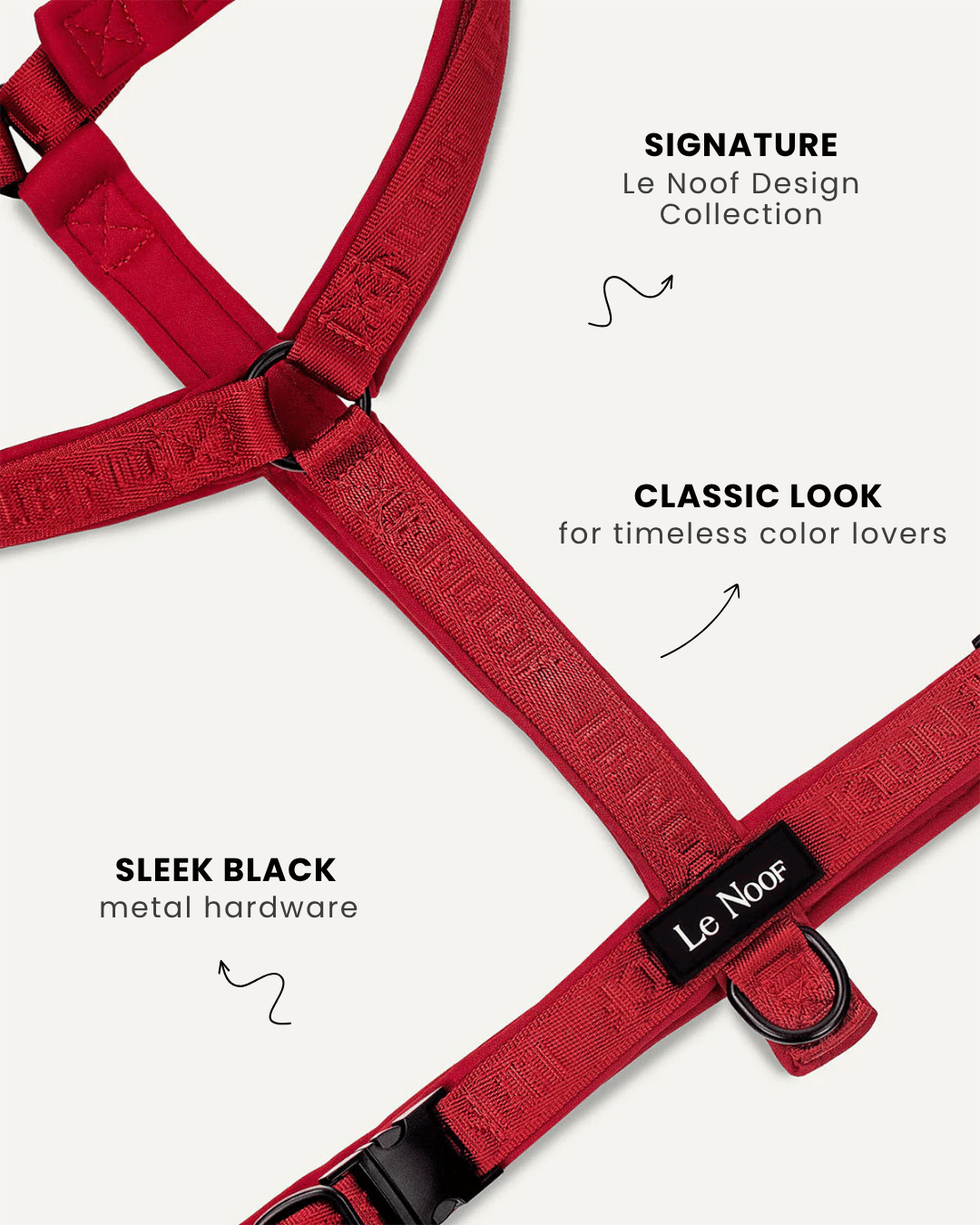 Maroon red Jacquard harness close up, Le Noof