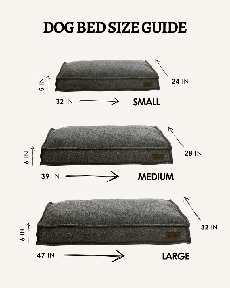 Grey boucle dog beds in 3 sizes with measurements