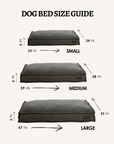 Grey boucle dog beds in 3 sizes with measurements