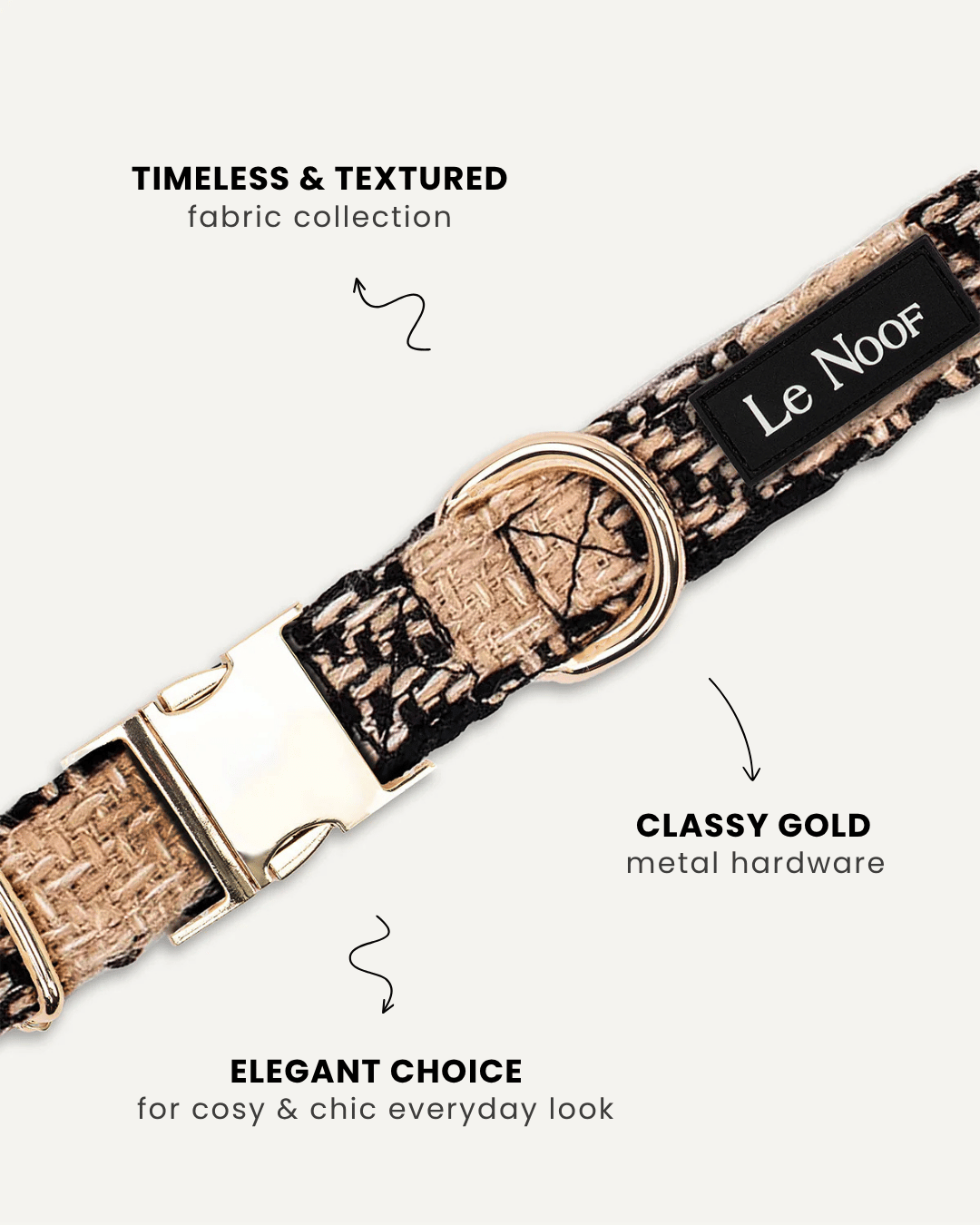 Brown checkered dog collar close-up, Le Noof
