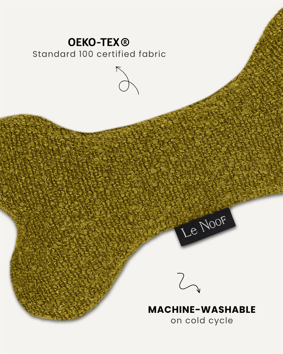 Chartreuse green boucle bone dog toy close-up, Le Noof