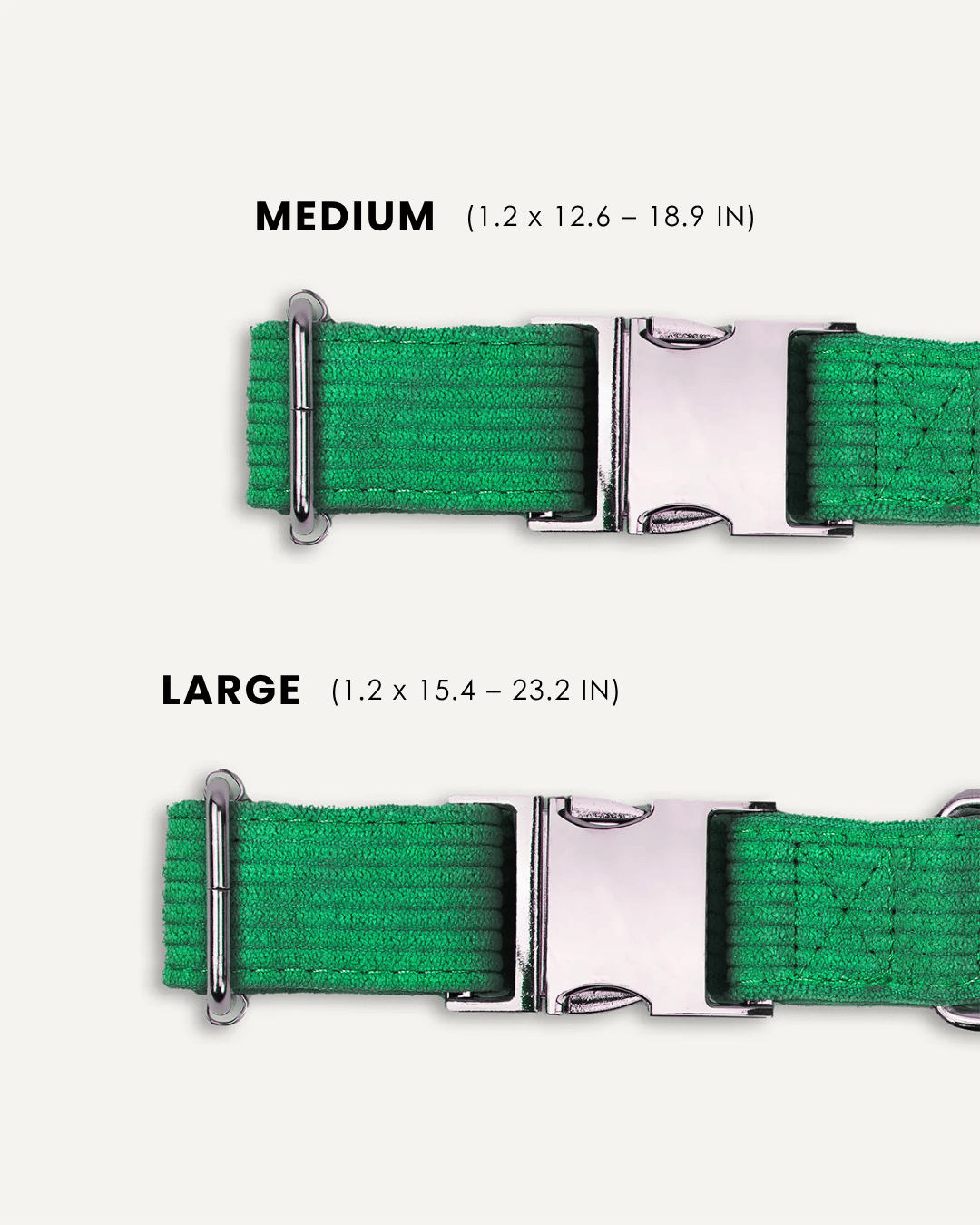 Kelly green corduroy dog collar size comparison, Le Noof
