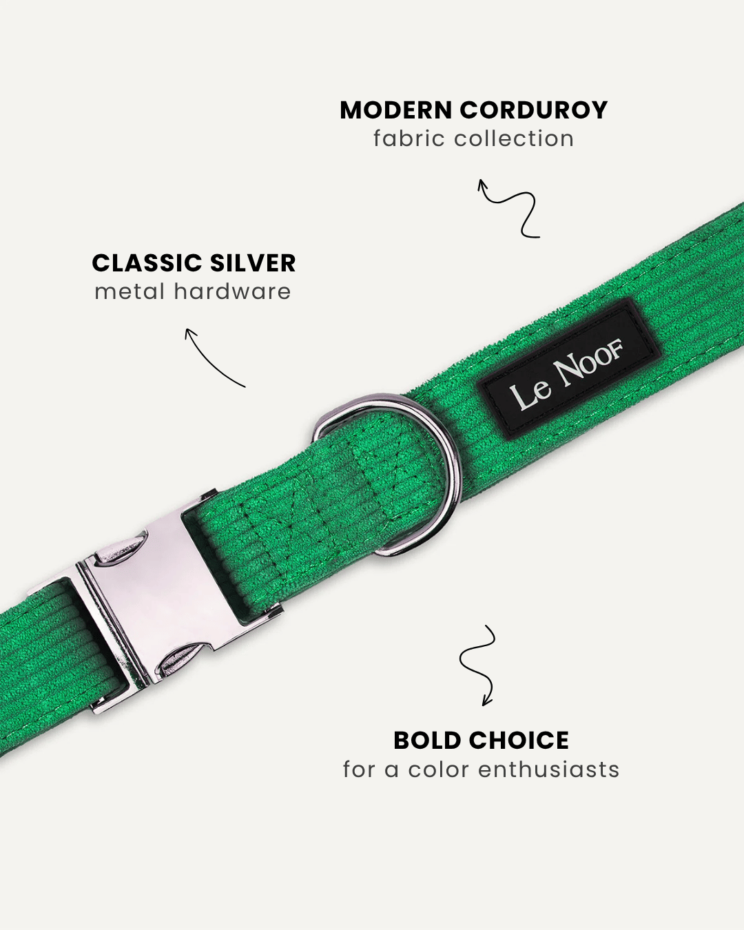 Kelly green corduroy dog collar close-up, Le Noof