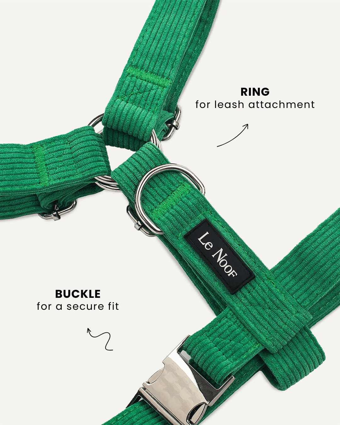 Kelly green corduroy step-in dog harness close-up, Le Noof