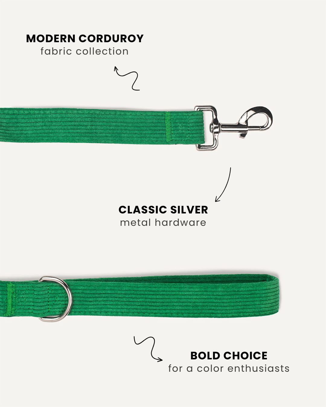 Kelly green corduroy dog leash close-up, Le Noof