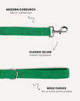Kelly green corduroy dog leash close-up, Le Noof