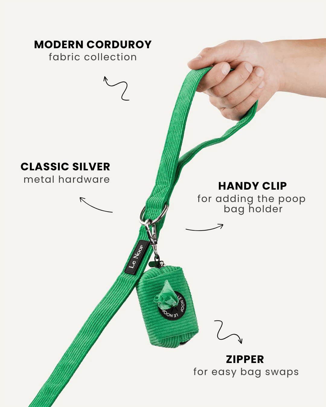 Kelly green corduroy dog leash with poop bag holder, Le Noof