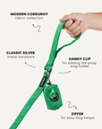 Kelly green corduroy dog leash with poop bag holder, Le Noof