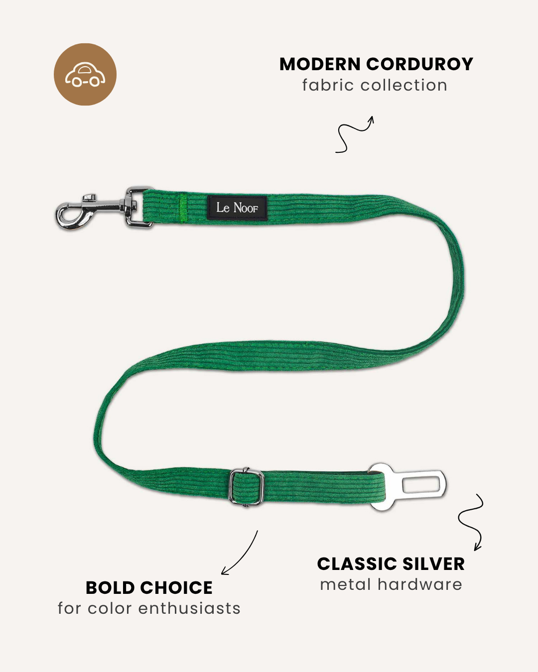 Kelly green corduroy dog seatbelt, Le Noof